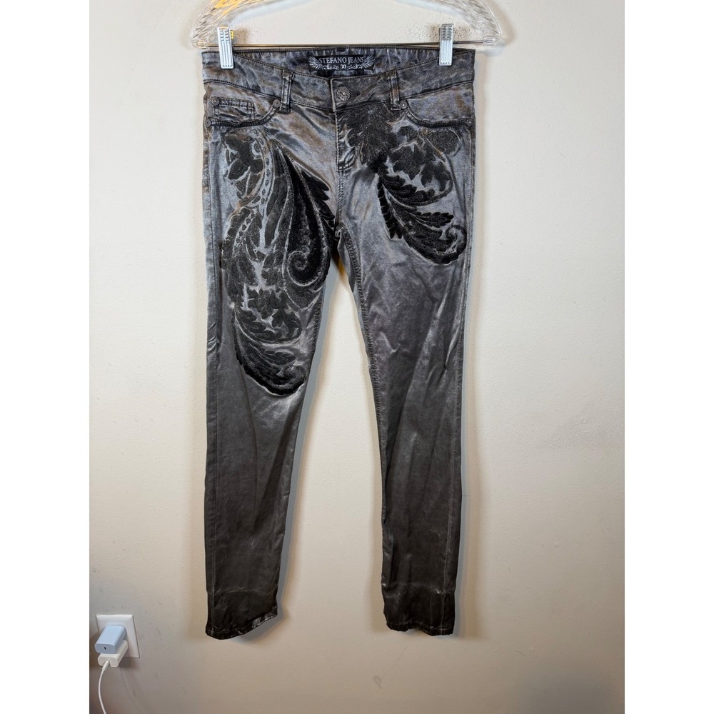 Stefano Womens Jeans Velvet Paisley Applique Metallic Pewter Size 30